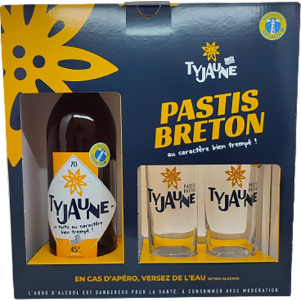 Ty Jaune le pastis breton | Pastis Artisanal produit en Bretagne photo du coffret 1 bouteille + 2 verres