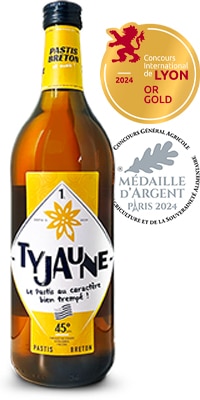 Ty Jaune le pastis breton | Pastis Artisanal produit en Bretagne photo de la bouteille de 1l avec médaille d'argent