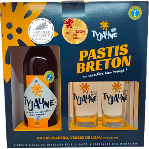 Ty Jaune le pastis breton | Pastis Artisanal produit en Bretagne photo du coffret 1 bouteille + 2 verres avec médaille